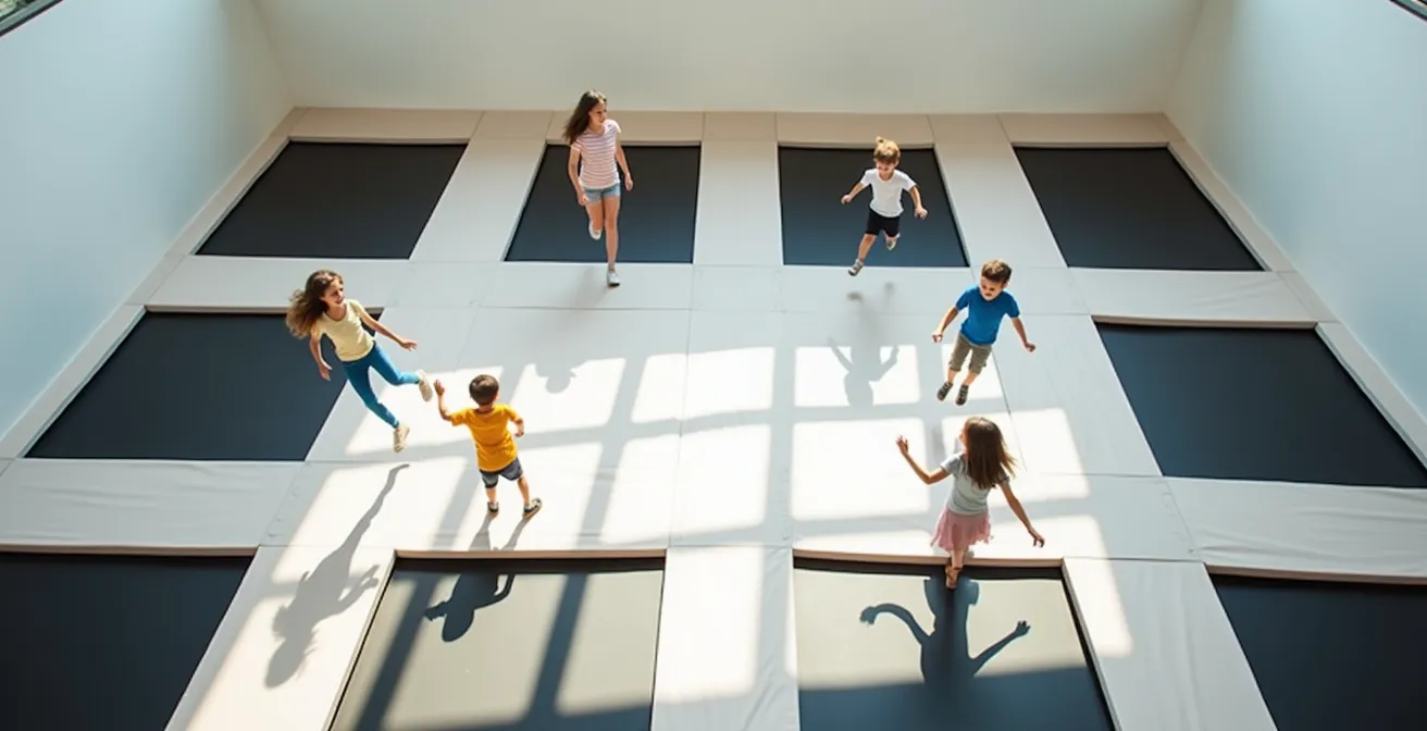 Vue aérienne montrant l'énergie et le mouvement continus dans un parc de trampolines versus des activités statiques