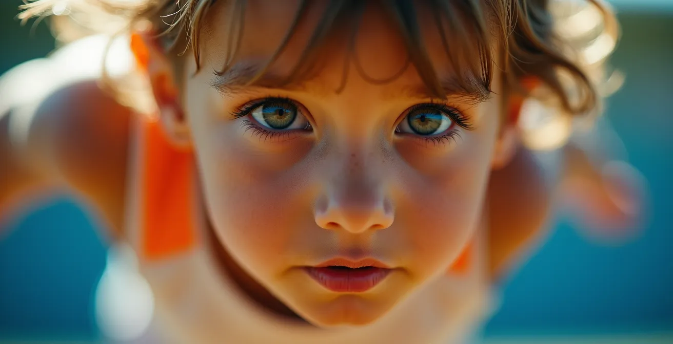 Gros plan sur le visage concentré d'un enfant en plein saut, expression de maîtrise et de calcul spatial