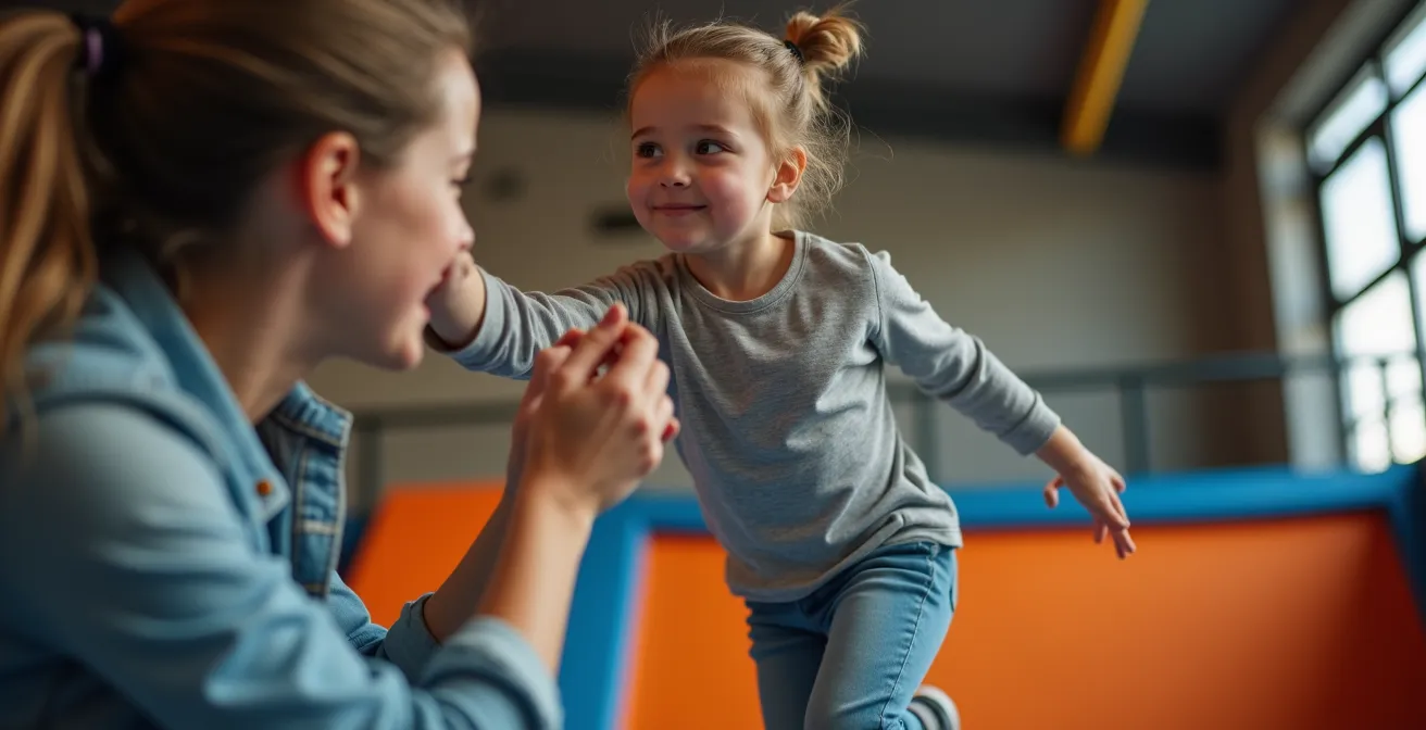 Enfant montrant à son parent comment réaliser un mouvement sur le trampoline